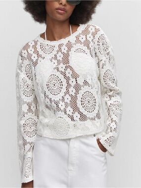 MNG Mango Embroidered Semi Sheer Crochet Top Sz S